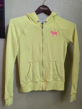 Vintage PINK Victoria's Secret Soft Yellow Zip Hoodie with Pink Dog Love Pink